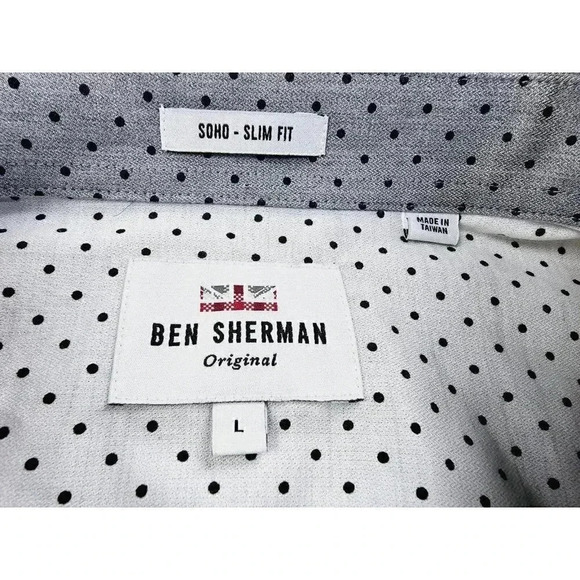 Ben Sherman Soho Slim Fit Mens Size Large Gray Black Polka Dot Long Sleeve Shirt - Picture 4 of 13